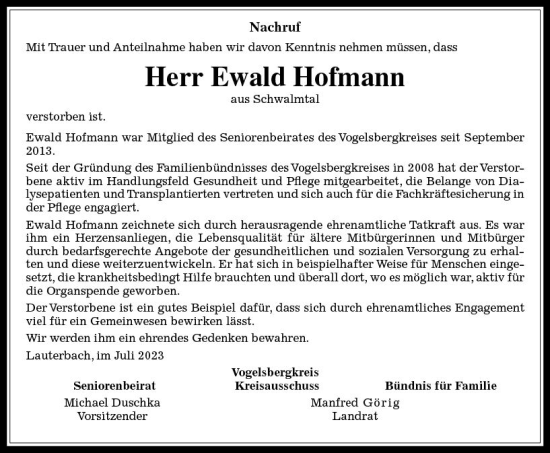 Traueranzeige von Ewald Hofmann von VRM Trauer