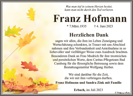 Traueranzeige von Franz Hofmann von Camberger Anzeiger