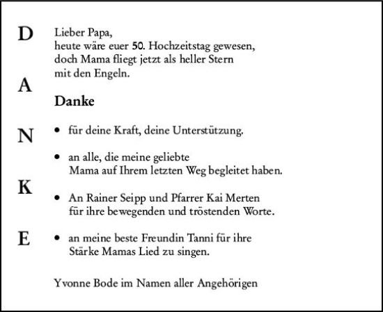 Traueranzeige von Franziska Bode von Rüsselsheimer Echo