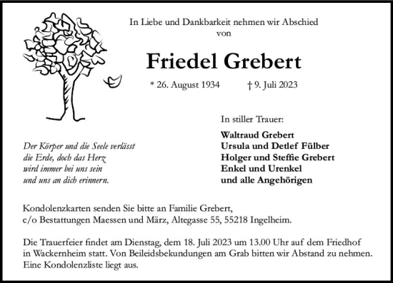 Traueranzeige von Friedel Grebert von Allgemeine Zeitung Bingen/Ingelheim