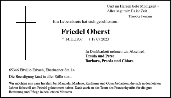 Traueranzeige von Friedel Oberst von Rheingau Kurier