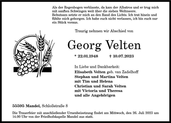 Traueranzeige von Georg Velten von Allgemeine Zeitung Bad Kreuznach
