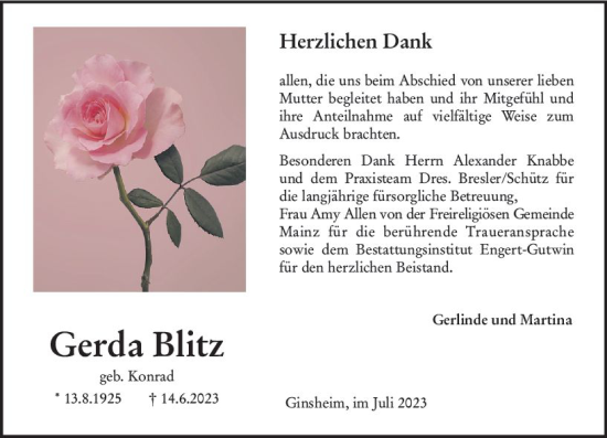 Traueranzeige von Gerda Blitz von Allgemeine Zeitung Mainz