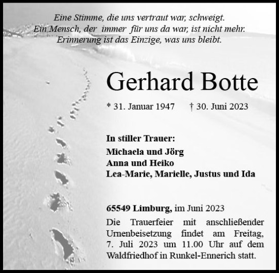 Traueranzeige von Gerhard Botte von Weilburger Tageblatt