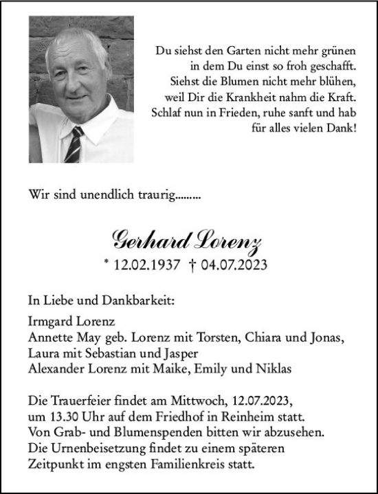 Traueranzeige von Gerhard Lorenz von Darmstädter Echo