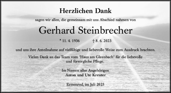 Traueranzeige von Gerhard Steinbrecher von Oberhessen Kurier