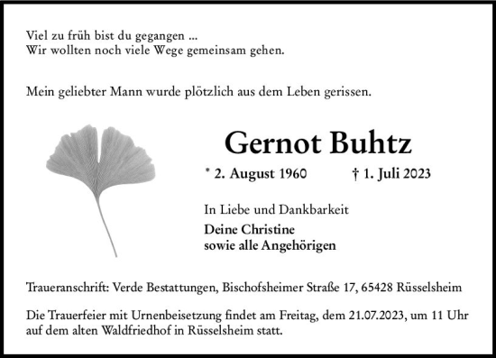 Traueranzeige von Gernot Buhtz von Rüsselsheimer Echo