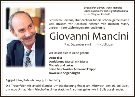 Traueranzeige von Giovanni Mancini von Nassauische Neue Presse