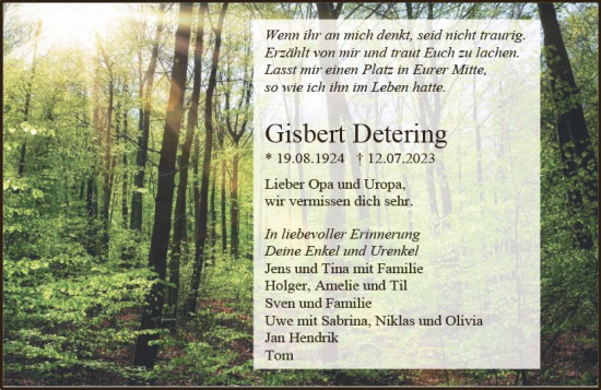 Traueranzeige von Gisbert Detering von Allgemeine Zeitung Mainz