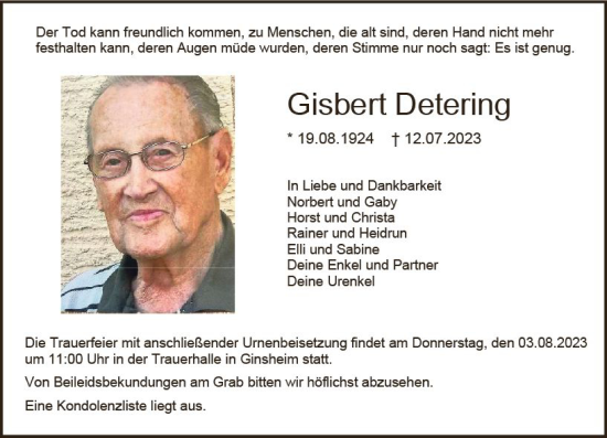 Traueranzeige von Gisbert Detering von Allgemeine Zeitung Mainz