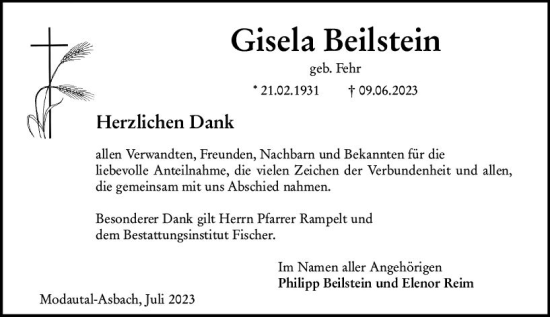 Traueranzeige von Gisela Beilstein von Darmstädter Echo