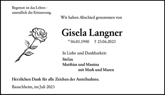 Traueranzeige von Gisela Langner von Rüsselsheimer Echo