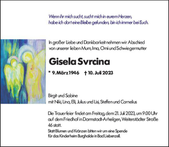 Traueranzeige von Gisela Svrcina von Darmstädter Echo