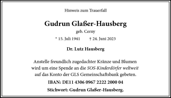Traueranzeige von Gudrun Glaßer-Hausberg von Wiesbadener Kurier