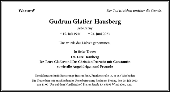 Traueranzeige von Gudrun Glaßer-Hausberg von Wiesbadener Kurier