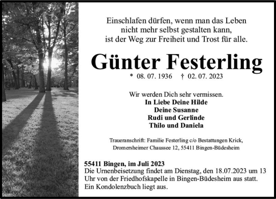 Traueranzeige von Günter Festerling von Allgemeine Zeitung Bingen/Ingelheim