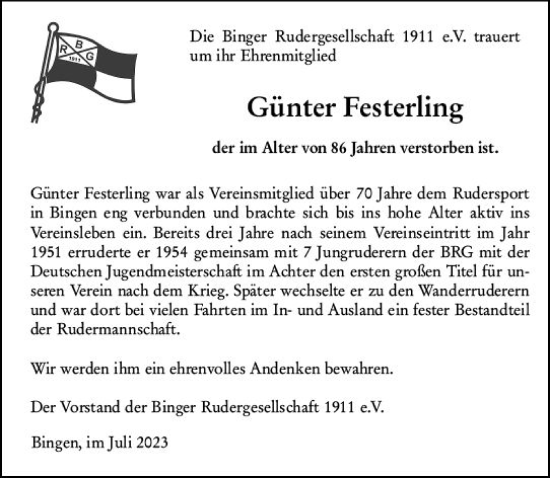 Traueranzeige von Günter Festerling von Bingen/Ingelheim WOBL inkl. Neue Binger Ztg.