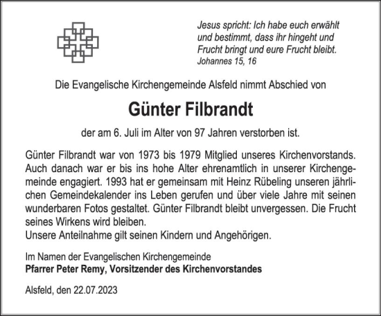 Traueranzeige von Günter Filbrandt von VRM Trauer