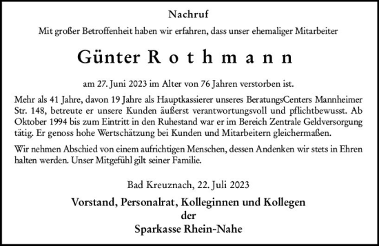 Traueranzeige von Günter Rothmann von Allgemeine Zeitung Bad Kreuznach