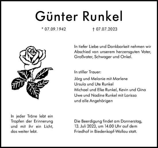 Traueranzeige von Günter Runkel von Hinterländer Anzeiger