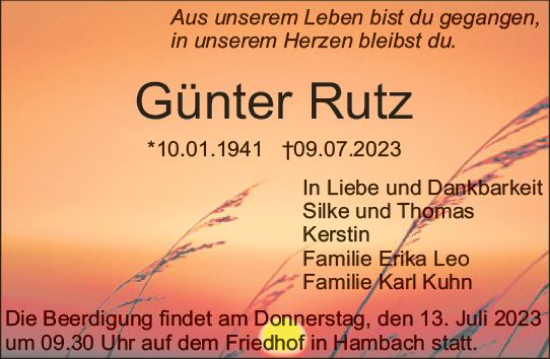 Traueranzeige von Günter Rutz von Starkenburger Echo