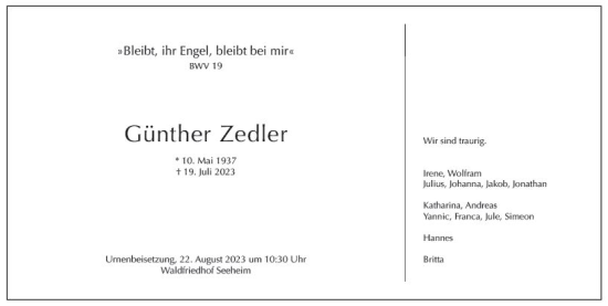 Traueranzeige von Günther Zedler von Darmstädter Echo