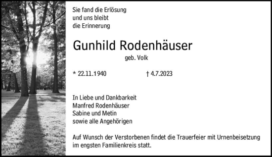 Traueranzeige von Gunhild Rodenhäuser von Darmstädter Echo