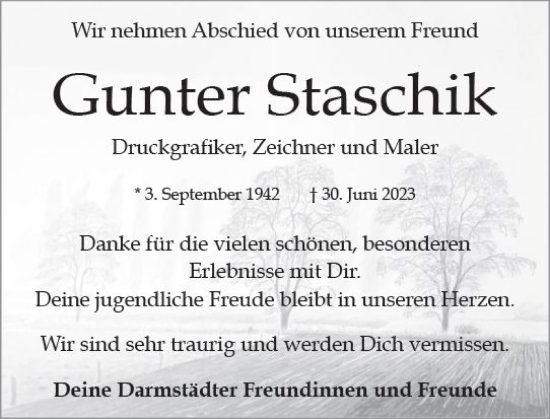 Traueranzeige von Gunter Staschik von Darmstädter Echo