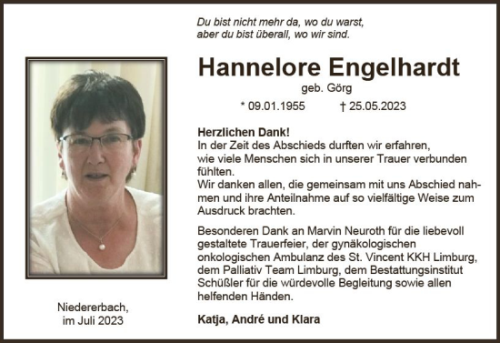 Traueranzeige von Hannelore Engelhardt von Nassauische Neue Presse