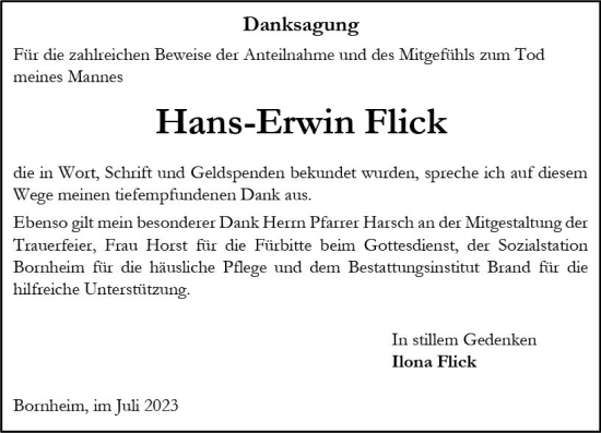 Traueranzeige von Hans-Erwin Flick von Allgemeine Zeitung Alzey