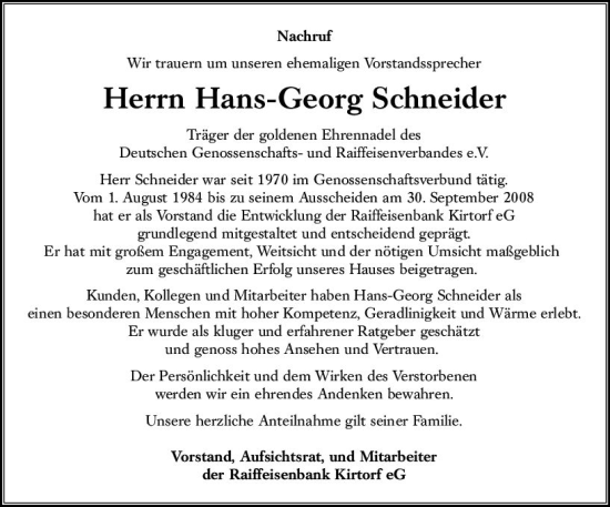 Traueranzeige von Hans-Georg Schneider von VRM Trauer