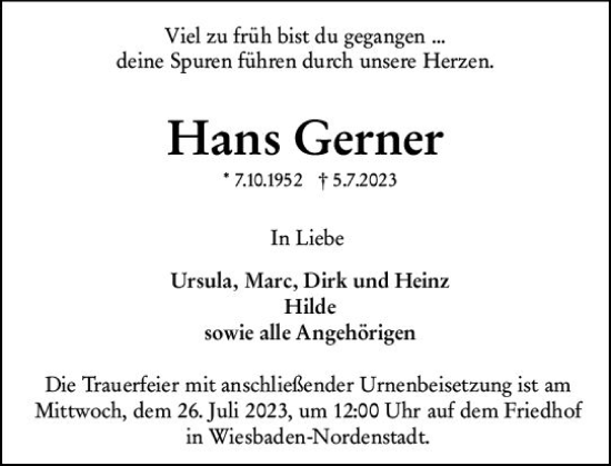 Traueranzeige von Hans Gerner von Wiesbadener Kurier