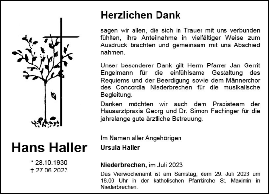 Traueranzeige von Hans Haller von Nassauische Neue Presse