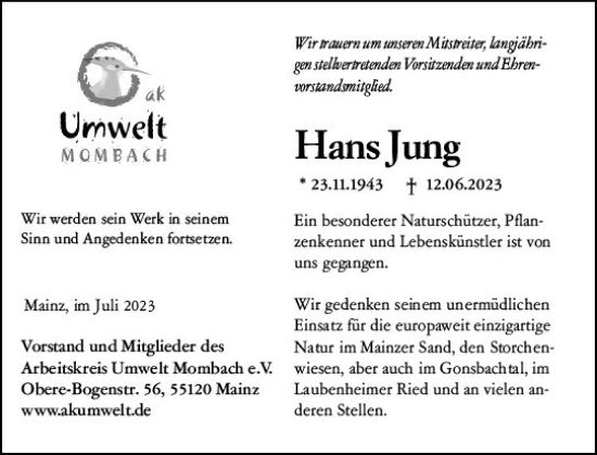 Traueranzeige von Hans Jung von Allgemeine Zeitung Mainz
