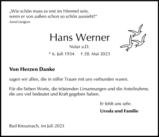 Traueranzeige von Hans Werner von Allgemeine Zeitung Bad Kreuznach