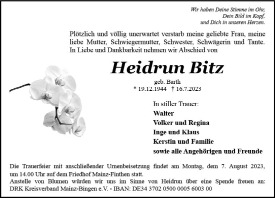 Traueranzeige von Heidrun Ritz von Allgemeine Zeitung Mainz