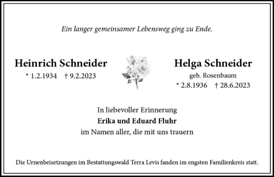 Traueranzeige von Heinrich Schneider von Wiesbadener Kurier