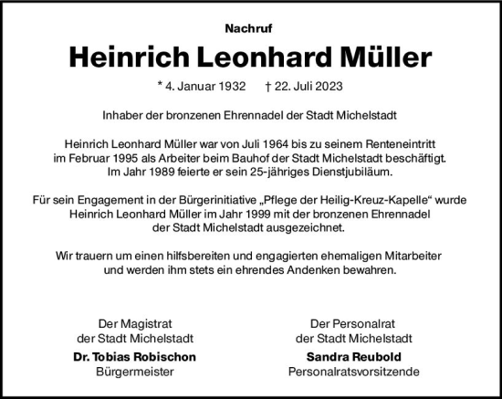 Traueranzeige von Heinrich Leonhard Müller von Odenwälder Echo