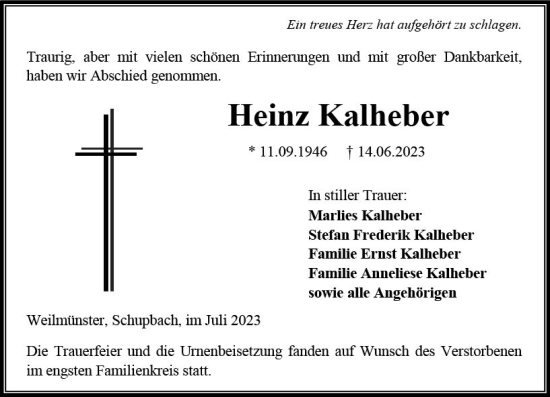 Traueranzeige von Heinz Kalheber von Weilburger Tageblatt