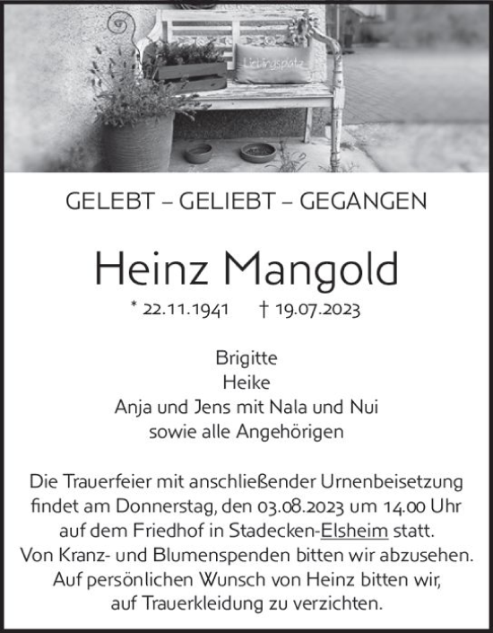 Traueranzeige von Heinz Mangold von Allgemeine Zeitung Mainz