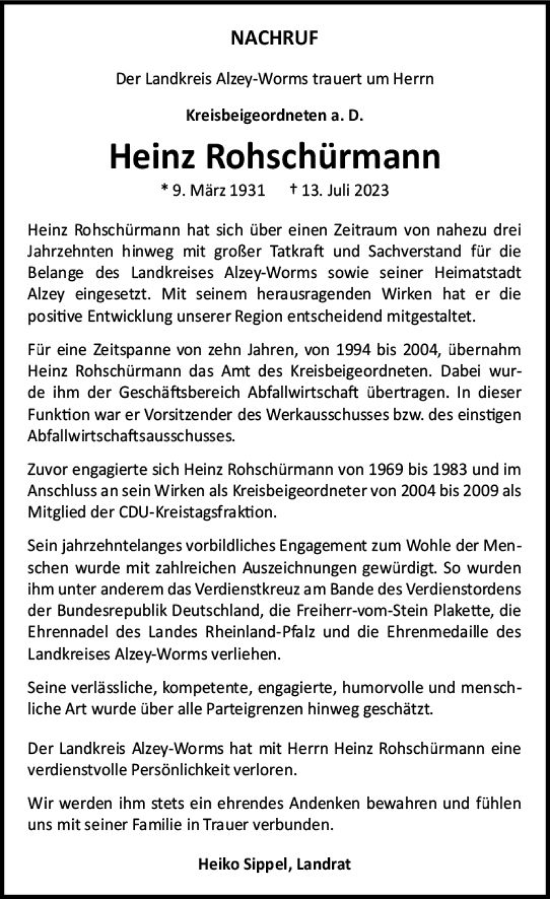 Traueranzeige von Heinz Rohschürmann von Allgemeine Zeitung Alzey
