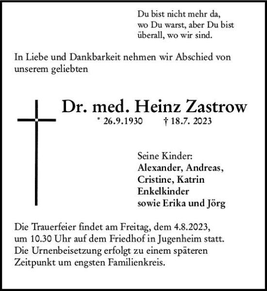 Traueranzeige von Heinz Zastrow von Darmstädter Echo