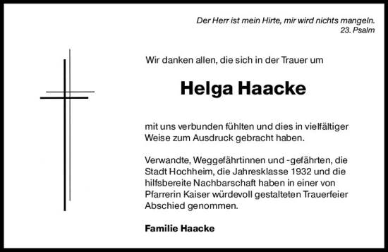 Traueranzeige von Helga Haacke von Hochheimer Zeitung