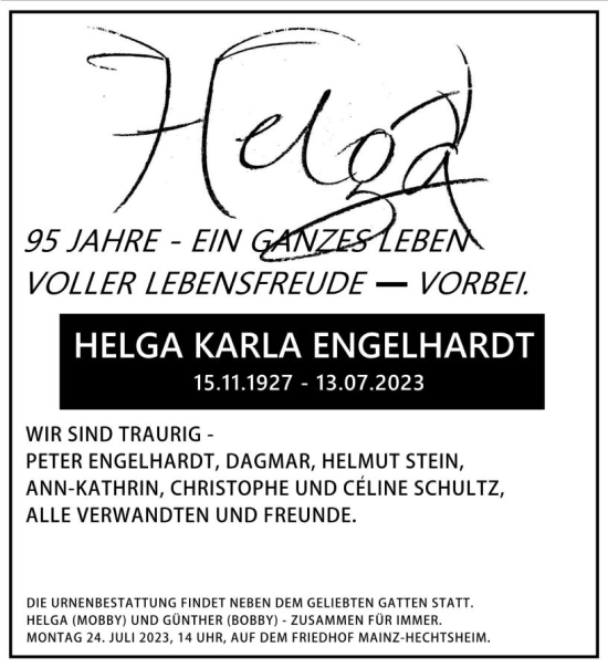 Traueranzeige von Helga Klara Engelhardt von Allgemeine Zeitung Mainz