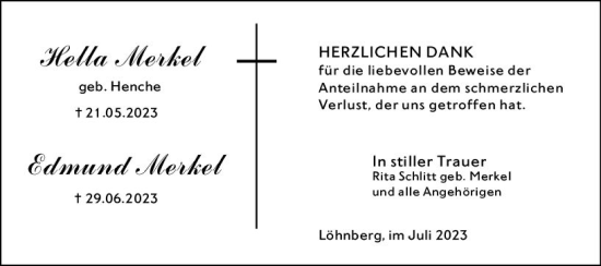 Traueranzeige von Hella Merkel von Weilburger Tageblatt