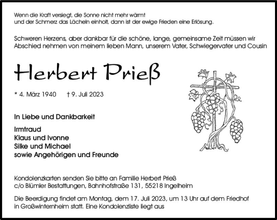 Traueranzeige von Herbert Prieß von Allgemeine Zeitung Bingen/Ingelheim