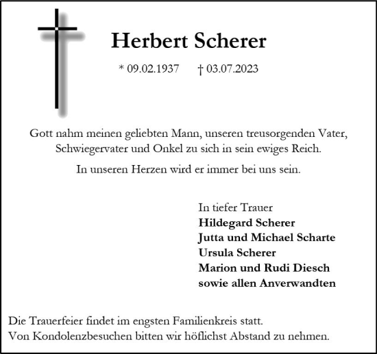 Traueranzeige von Herbert Scherer von Allgemeine Zeitung Alzey