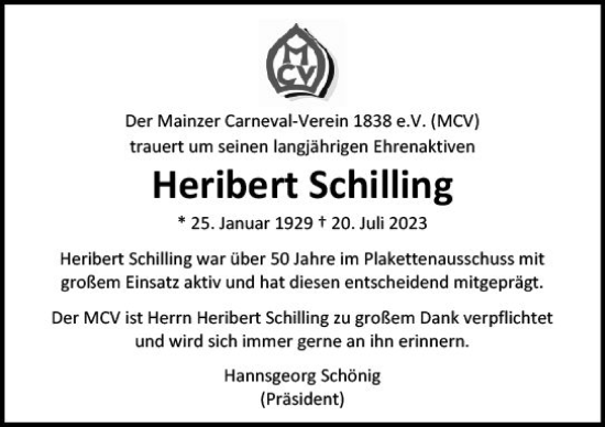 Traueranzeige von Heribert Schilling von Allgemeine Zeitung Mainz