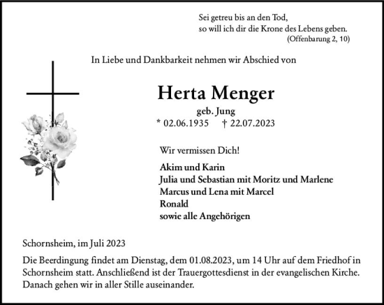 Traueranzeige von Herta Menger von Allgemeine Zeitung Alzey