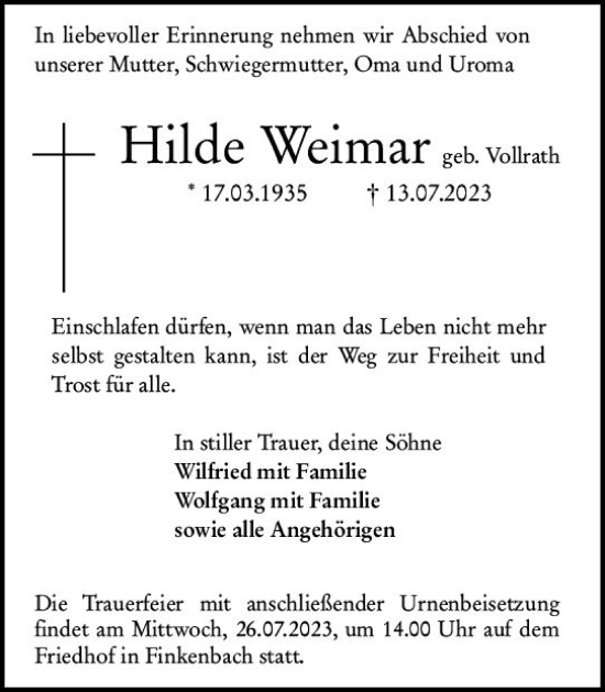 Traueranzeige von Hilde Weimar von Odenwälder Echo